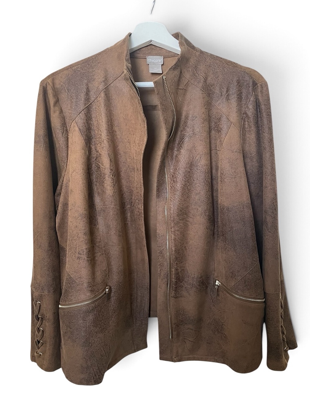 Chico's Brown Faux-Suede Zip Jacket with Lace-Up Cuffs Distress Design Size 2P